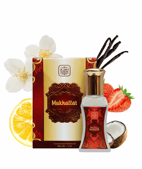 عطر مركز زيتي رائحه مخلط للنساء مزيج من الفواكه والمسك والفانيليا وجوز الهند ثبات وفوحان ورائحه مميزه تدوم طويلا بدون كحول 24مل من شركه نسيم للعطور الاماراتيه