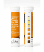 علبه 100 شريط  QUANT® Peracetic Acid 500 لقياس مستوى حمض البيراستيك بعد عمليات التعقيم في مصانع المشروبات والزجاجات والاغذيه ومصانع الادويه بسرعه ودقه عاليه العلبه 100 شريط من جونسون johnson test paper