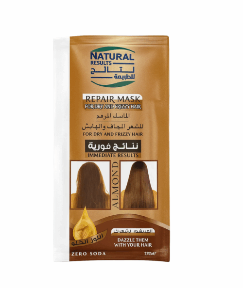 كيس ماسك المرمم لترميم الشعر باللوز الحلو لتنعيم وترميم الشعر التالف و الجاف والهايش يجعله أكثر نعومه وترطيب ولمعان 35 جرام من نتائج الطبيعه